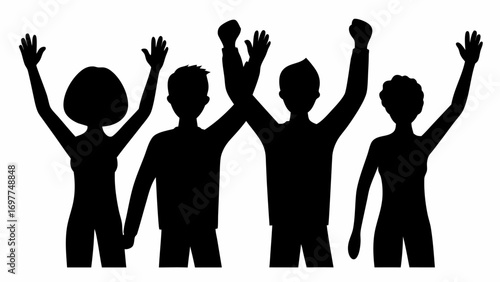 Silhouette illustration of four people with raised hands in a celebratory or protest gesture group scene | editable eps vectors