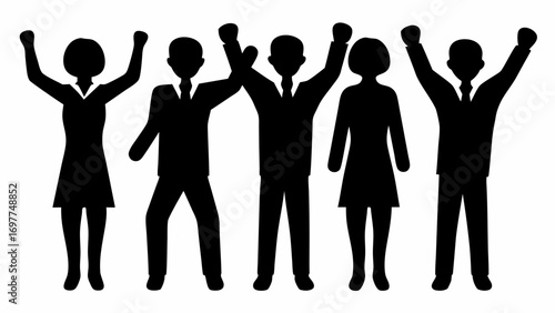 Silhouette illustration of five people in formal attire with raised arms in a celebratory gesture | editable eps vectors