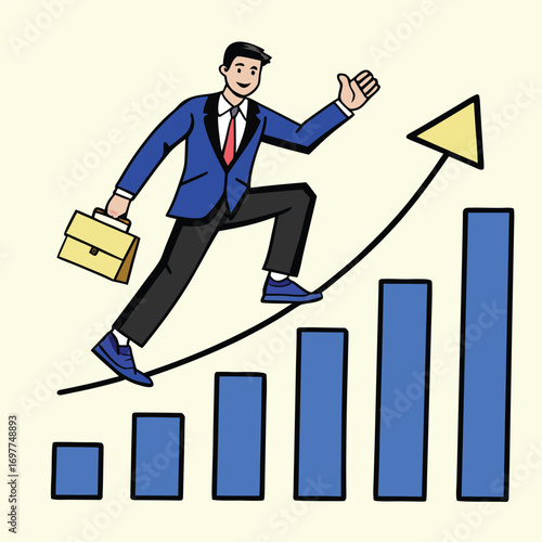 Ambitious businessman climbs growing bar chart, symbolizing career success and financial progress.