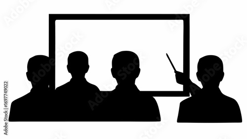 Silhouette of a presenter with pointer in front of audience and whiteboard in a classroom setting scene | editable eps vectors