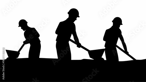 Silhouette of three workers with hard hats using shovels in a field against a white background scene image | editable eps vectors