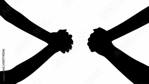 Two pairs of arms reaching towards each other with hands clasped in a gesture of unity in black silhouette | editable eps vectors