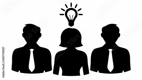 Silhouette of three people with a light bulb above the middle person representing an idea generation concept | editable eps vectors