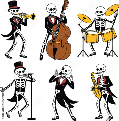 Skeletons playing musical instruments and singing band trumpet