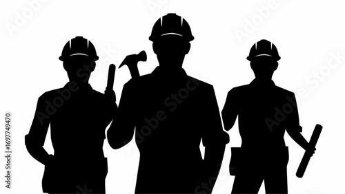 Silhouette of three construction workers wearing hard hats and holding tools against white background | editable eps vectors