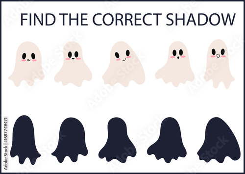 Find the correct shadow of ghosts. Worksheet. Educational logical game for kids. Halloween. Vector illustrations