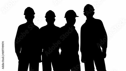 Silhouette of four construction workers wearing hard hats standing together on a white background in a row | editable eps vectors