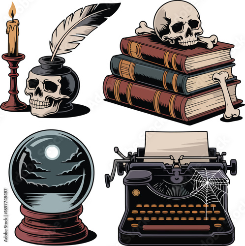 Skull candle inkwell books crystal ball typewriter bone