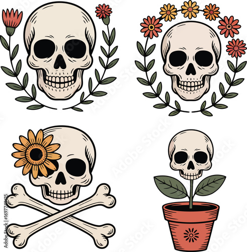 Skulls adorned with flowers and bones in a decorative arrangement plant