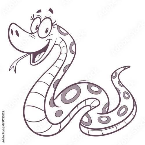 Cartoon Snake Character with Circles Pattern and Funny Expression on White Background