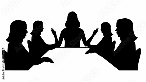 Silhouette of five women sitting around a table in a meeting or discussion in a black and white image | editable eps vectors