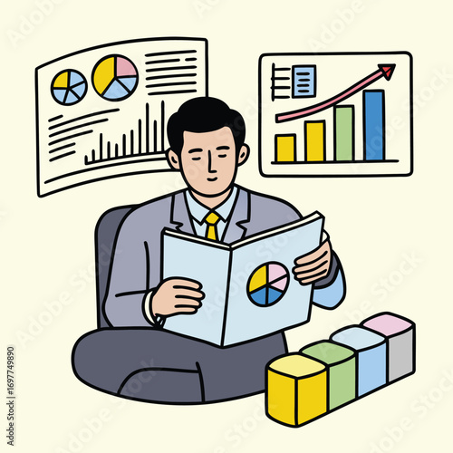 Focused businessman analyzes growth charts and reports in a modern office setting, planning success