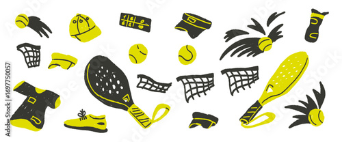 Padel tennis club crayon drawn set. Racket, balls, sport t-shirt and net hand drawn isolated on white background. Scribble sport equipment elements. Vector fitness active hobby illustration by pencil.