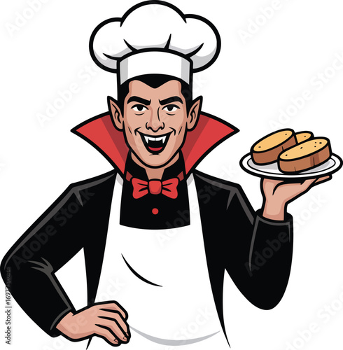Vampire chef presenting toasted bread slices on a plate apron black
