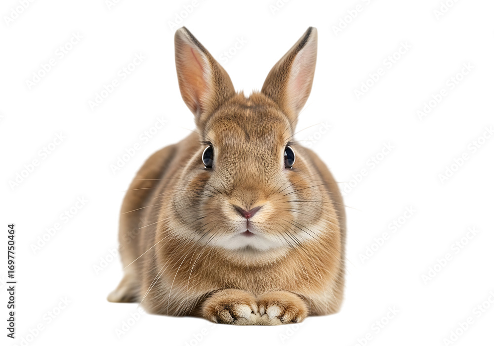 Fototapeta premium Adorable brown rabbit sitting and looking directly at the camera Isolated on transparent background
