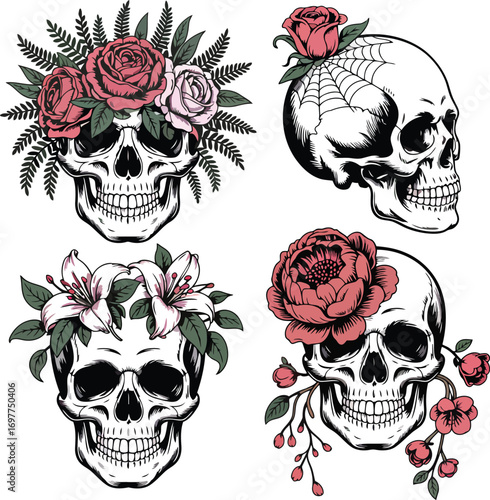Skulls adorned with roses lilies and ferns flowers