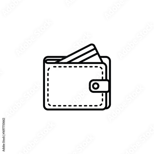 Minimalist line art illustration of a classic wallet holding a credit card, representing finance, secure payments, modern banking, shopping, and economic transactions