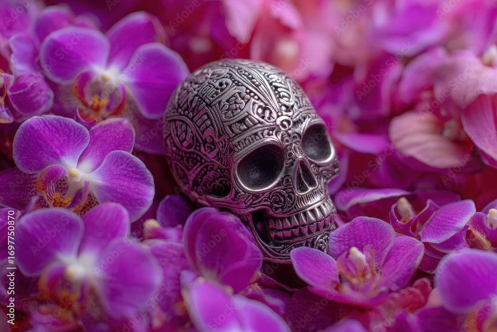 Fototapeta premium Intricate silver skull rests amidst a profusion of vibrant purple orchids, showcasing a captivating contrast of textures and colors.