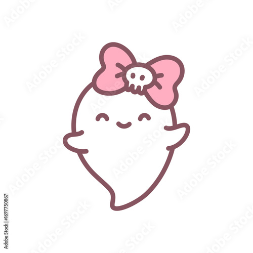 Cute girl ghost icon. Funny little ghost with a big pink bow and small skull detail. Doodle illustration isolated on white background. Kawaii halloween sticker. Vector 10 EPS.