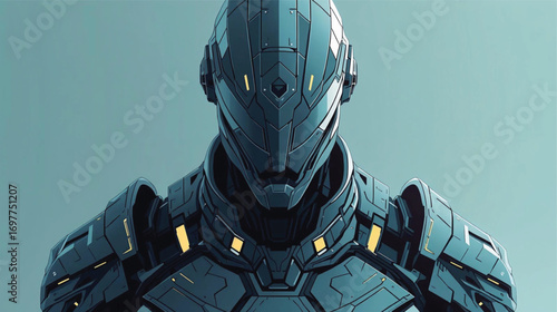 High-tech humanoid robot clad in helmeted armor, sharp geometric shapes and segmented plating, futuristic vector artwork. Ai generate 
