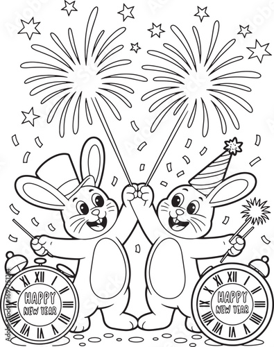 Black and white rabbits cheer for new year with fireworks and clocks