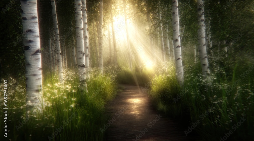 Obraz premium Sunlit birch forest path