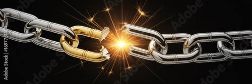 Broken chain link concept representing strength failure security breach and vulnerability concept image