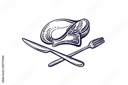 Chef hat. Knife and fork symbol. Vector art emblem