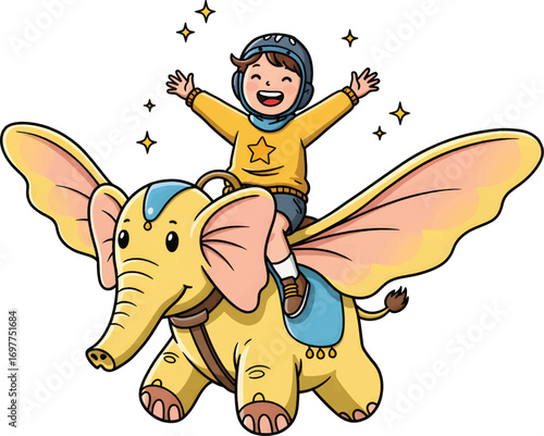 Happy boy enjoying magical ride on dumbo the flying elephant against a starry sparkle backdrop. Ideal for childrens content or fantasythemed projects.