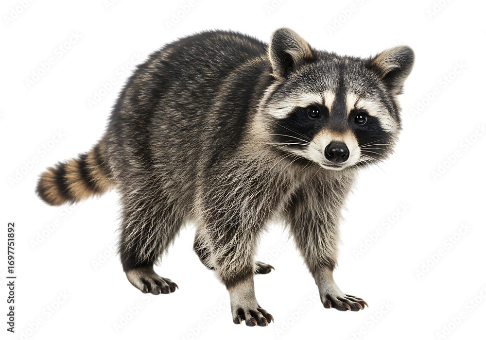 Fototapeta premium Realistic portrait of a curious raccoon Isolated on transparent background