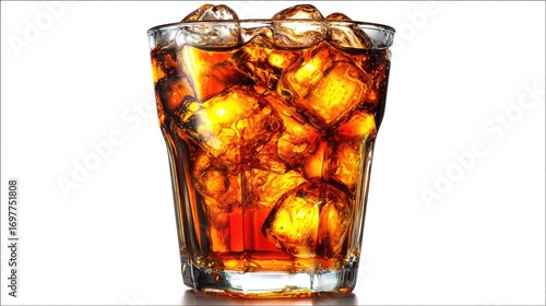 Iced drink in a glass tumbler, filled with ice cubes and amber liquid