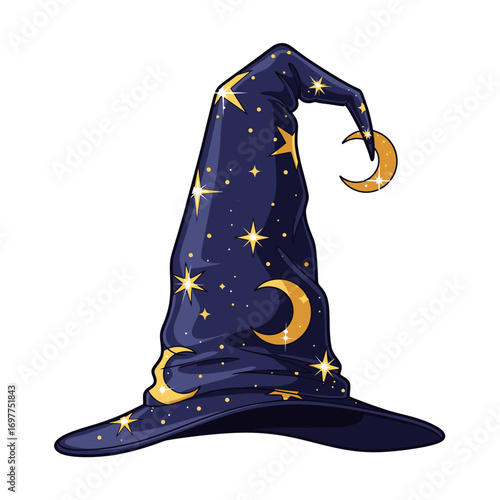 A detailed illustration of a wizard's pointed hat, dark blue with golden stars and crescent moons.
