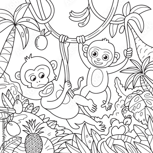Cheerful monkeys happily swing on liana vines in a outlined jungle setting
