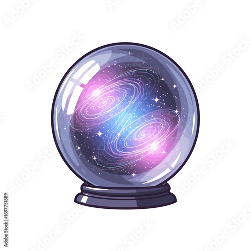 A crystal ball with a galaxy inside, resting on a dark base.
