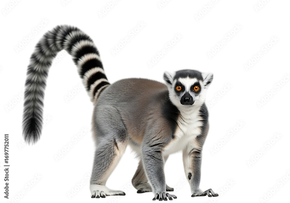 Naklejka premium Ring tailed lemur with striking eye color and distinctive striped tail Isolated on transparent background