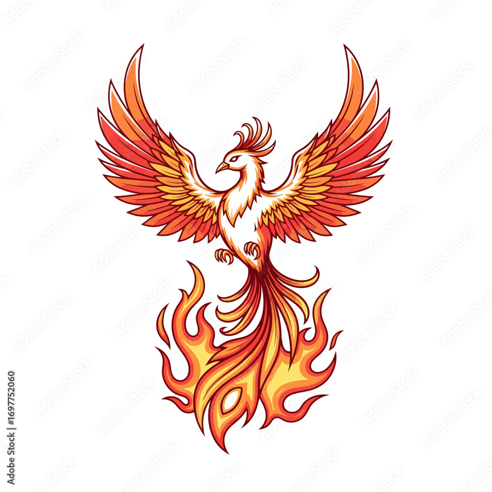 Fototapeta premium Illustration of a phoenix rising from flames with vibrant orange and yellow feathers.