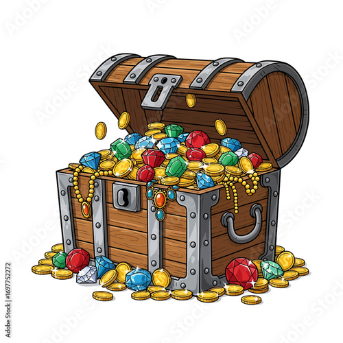 An open wooden treasure chest overflowing with gold coins, jewels, and necklaces, a pirate's bounty.