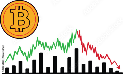 Bitcoin cryptocurrency graph shows sharp decline in value with downward trend.