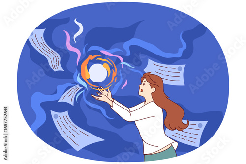 Woman tests artificial intelligence to generate text messages using neural networks, stands near flying letters. Girl uses neural networks and ai to obtain content for website and social media
