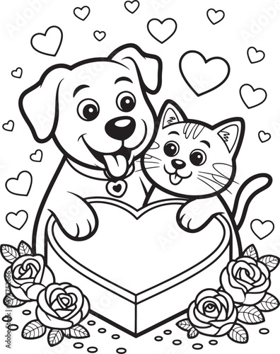 Dog and cat hold heart shaped box amongst roses and hearts, transparent background