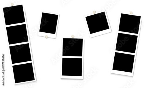 Collection of blank photo frame mockups with push pins, perfect for memory boards, galleries, or scrapbooking projects