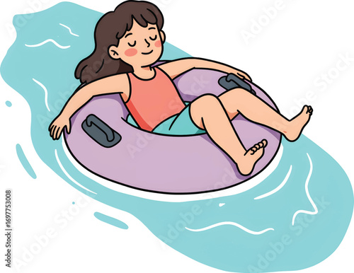 Girl peacefully floats on a purple inner tube in blue water. Ideal for wellness, relaxation, summer, vacation, leisure, swimmers, and happiness concepts.