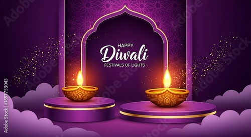 Happy diwali greeting with illuminated diyas on purple podiums and festive background