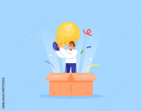 thinking out of the box concept. finding ideas, innovative, creative, inspiring. brainstorming and solutions. illustration of a man finding a lamp from inside a box. flat style design. blue background