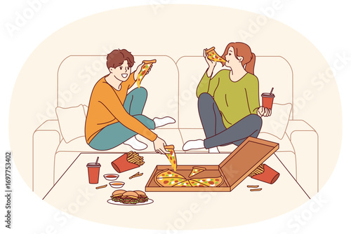 Problem of gluttony is guy and woman eating fast food, sitting on couch at table with burgers and pizza with soda. Man and girl are addicted to junk food or need treatment for gluttony.
