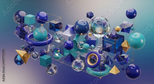 Abstract 3D Composition Floating Geometric Shapes in Vibrant Blue and Teal Hues