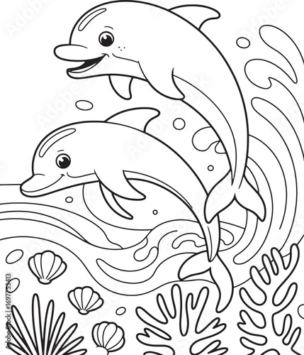 Line art shows two leaping dolphins among sea life and wavy water