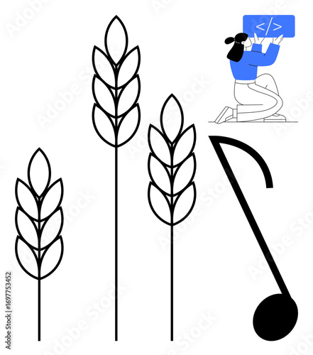 Ear of wheat, treble clef, and kneeling female coder creating digital content. Ideal for technology, agriculture, coding, art, balance, innovation simple landing page