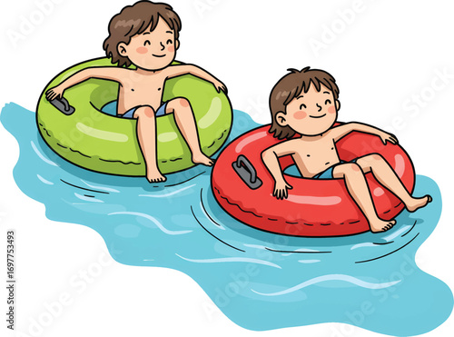 Two smiling boys in tubes on blue water, perfect for summer activities, leisure, vacations, childhood happiness, and outdoor fun concepts.