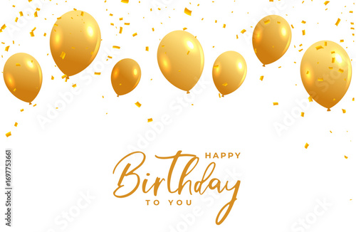 Happy birthday white card with golden balloons and confetti